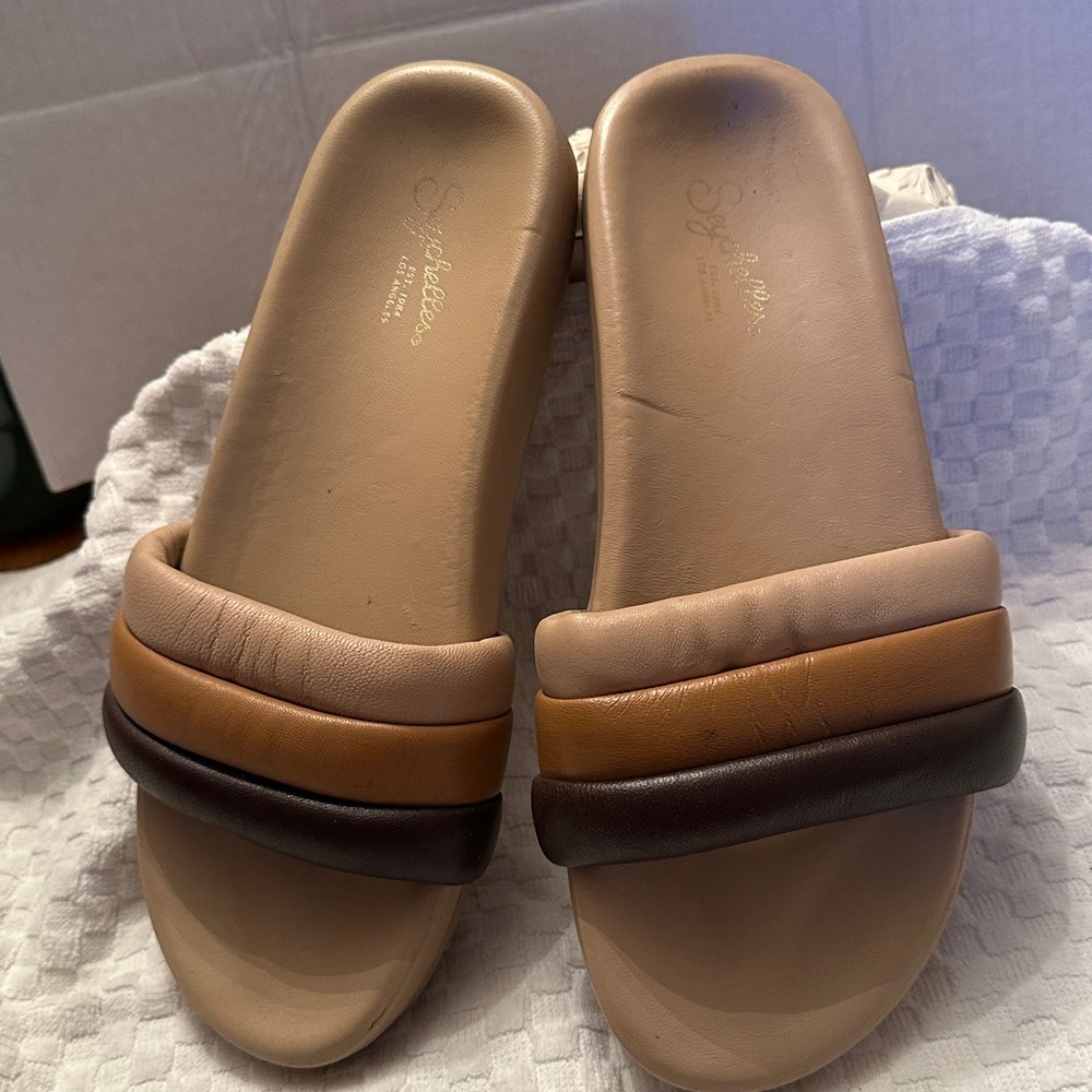 Seychelles Tan and Brown Slide Sandals